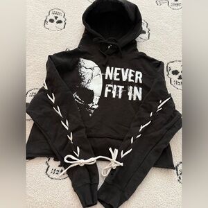 Black Hoodie with Skull Graphic and Lace-Up Sleeves